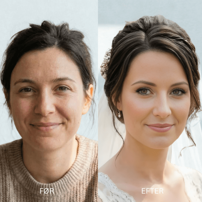 Klassisk brudemakeup med lette smokey eyes og rosenkind, udført af stylist.