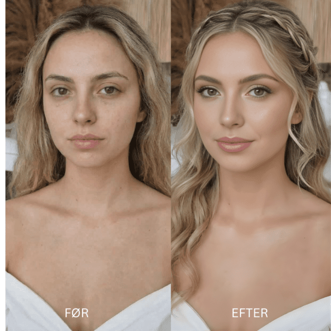 Før - Efter billede af Klassisk brudemakeup med lette smokey eyes og ferskenfarvede kinder, udført af stylist i København- Hvidovre.