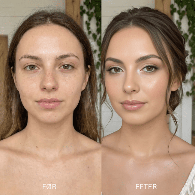 Før og efter billede af bryllupsmakeup og håropsætning, transformation hos Serenity Salon i Hvidovre.