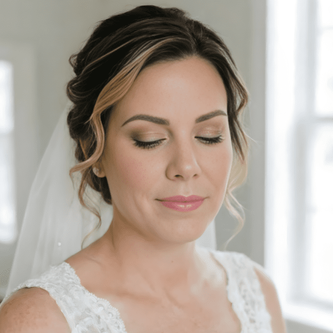 Naturlig brudemakeup med fokus på glødende hud og neutrale toner udført af makeup artist i Hvidovre.