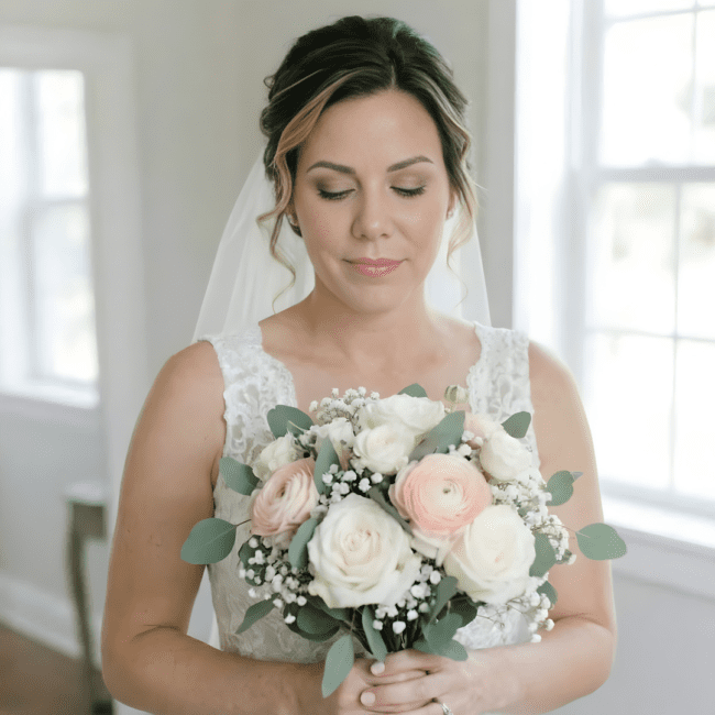 Elegant brudestyling med buket og klassisk opsat hår, perfekt til den store dag.