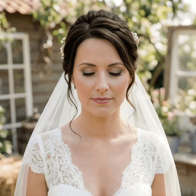 Brud med slør og klassisk makeup, klar til bryllupsceremonien i Hvidovre.