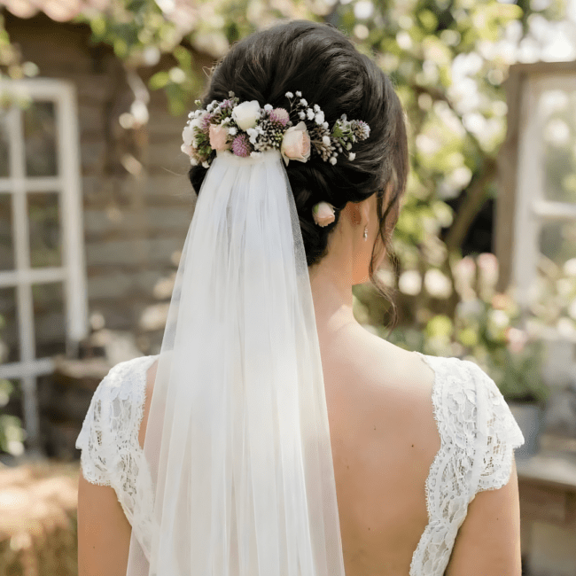 Klassisk brudestyling med elegant opsat hår og slør, perfekt til den store dag.