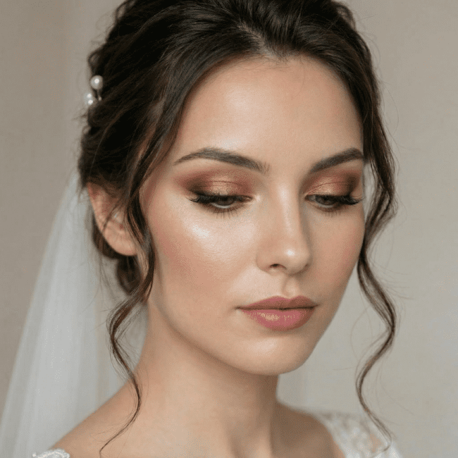 Nærbillede af detaljeret øjenmakeup med shimmer og eyeliner til fest.