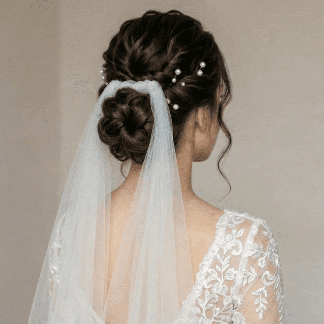 Detalje af elegant opsat hår (updo) med fletning og perler til brudestyling.