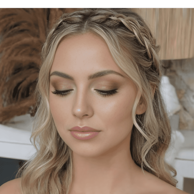 Klassisk brudemakeup med lette smokey eyes og ferskenfarvede kinder, udført af stylist i København- Hvidovre.