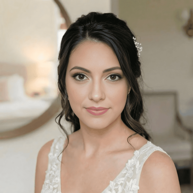 Naturlig brudemakeup med fokus på hudens glød og diskrete toner, udført af makeup artist i Hvidovre.