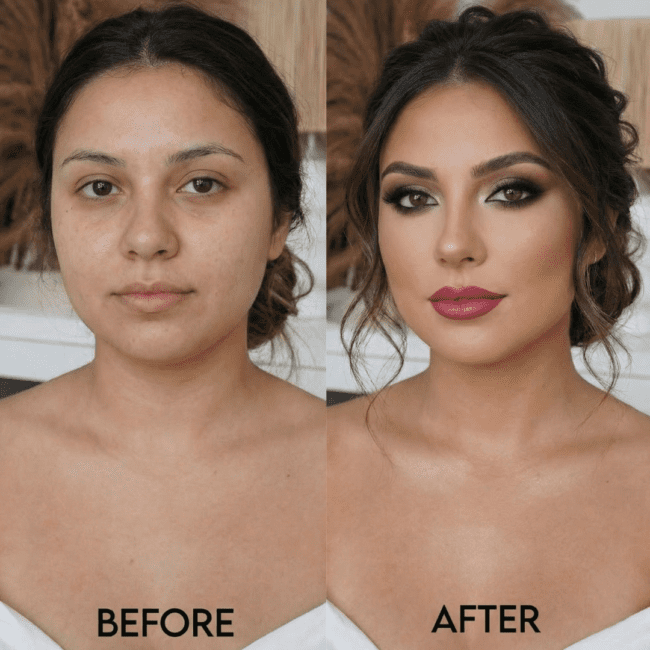 Glamourøs brudemakeup / festmakeup med smokey eyes og fyldige vipper til galla i København-Hvidovre.