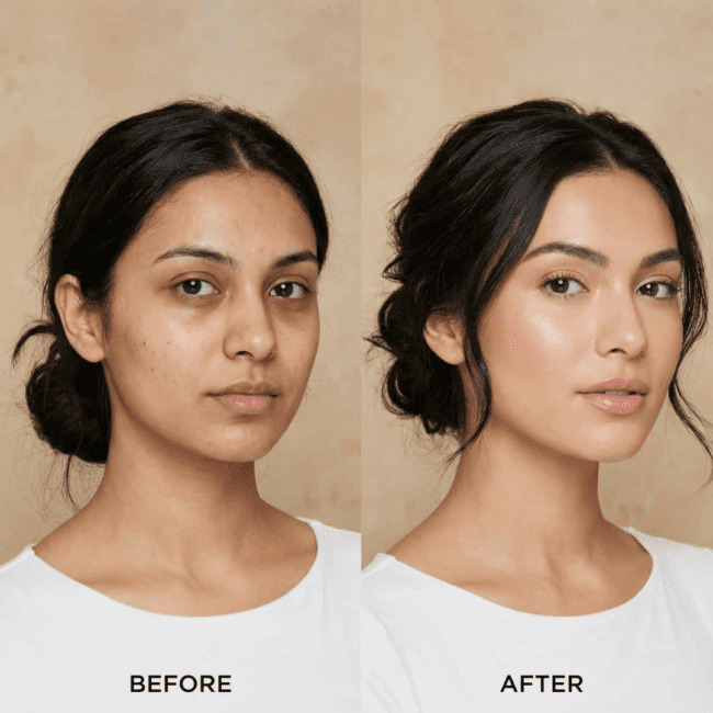 Før og Efter billede af naturlig brudemakeup og hårstyling med glødende hud.