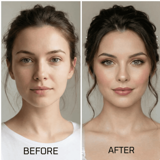 Før og efter billede af festmakeup og håropsætning, transformation hos Serenity Salon i Hvidovre.