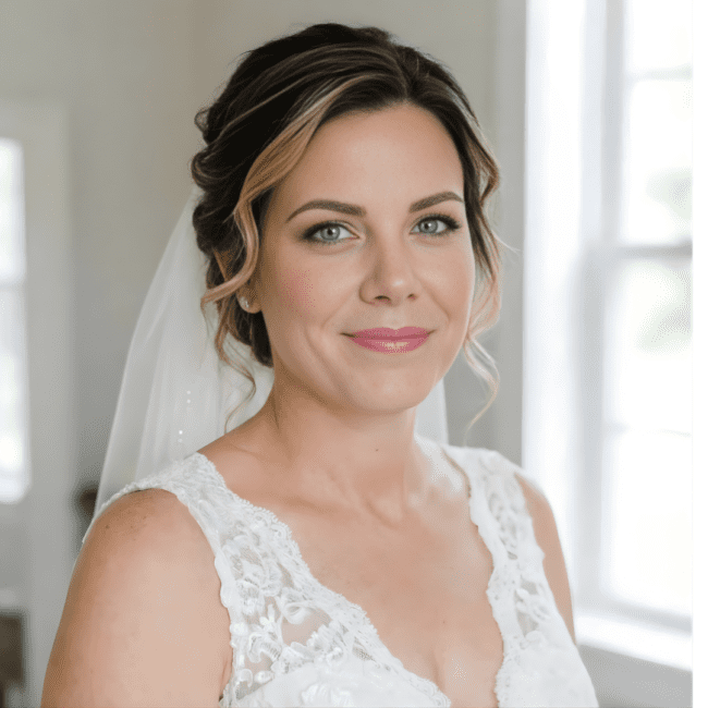 Efter billede: Transformation med naturlig brudemakeup og håropsætning til bryllup.